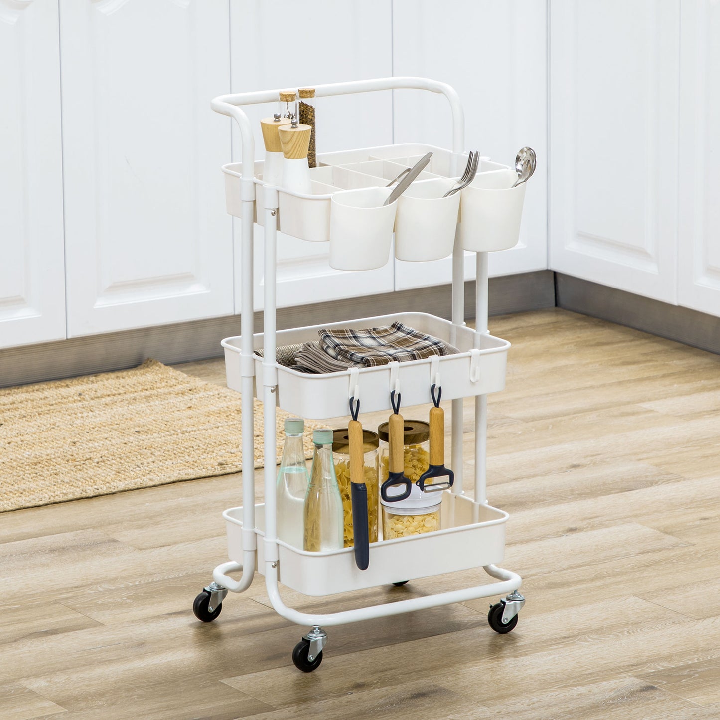 3-Tier Utility Cart, Rolling Serving Trolley with Baskets, White