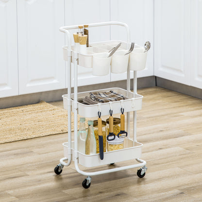 3-Tier Utility Cart, Rolling Serving Trolley with Baskets, White