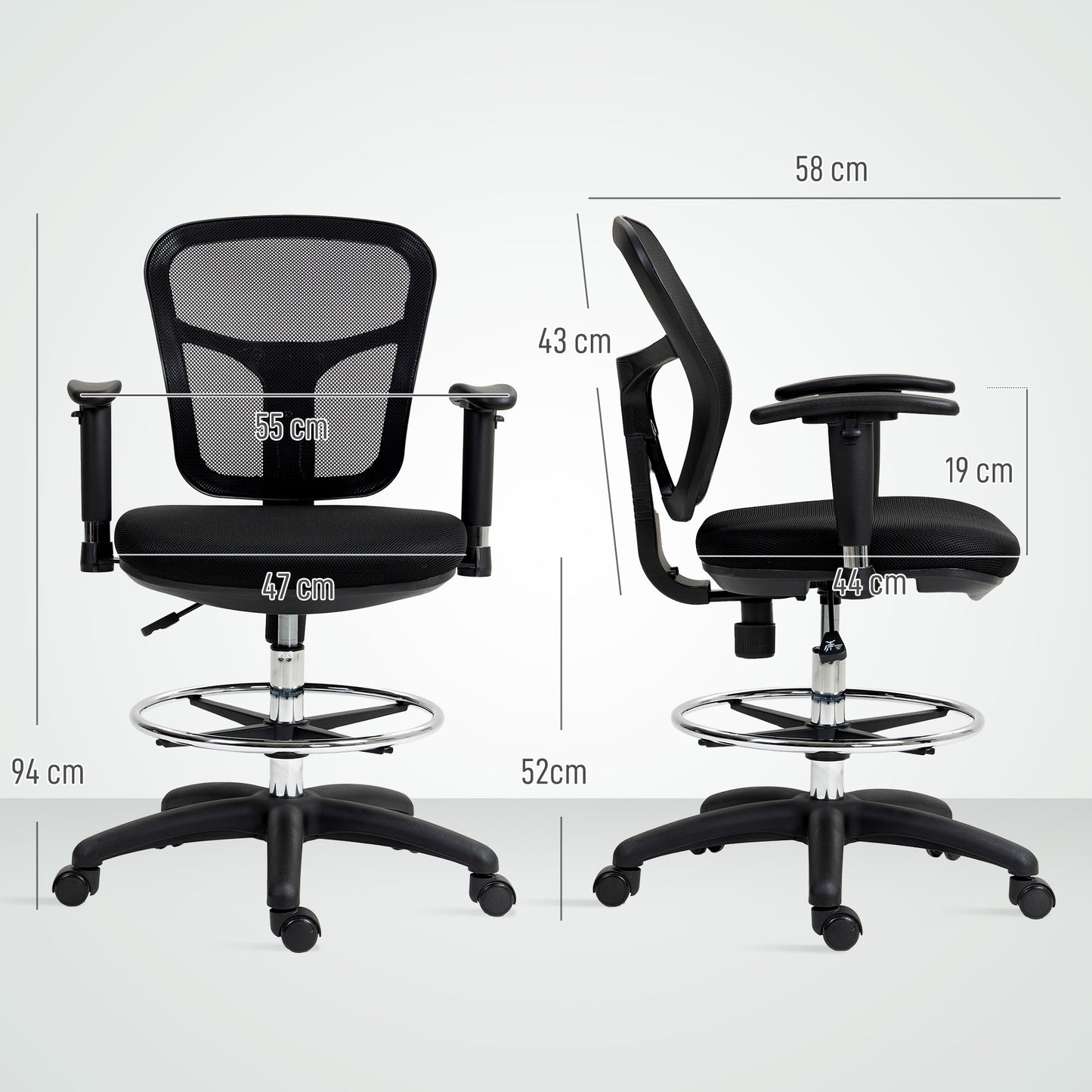 Drafting Stool Chair with Adjustable Armrest for Standing Desk, Black