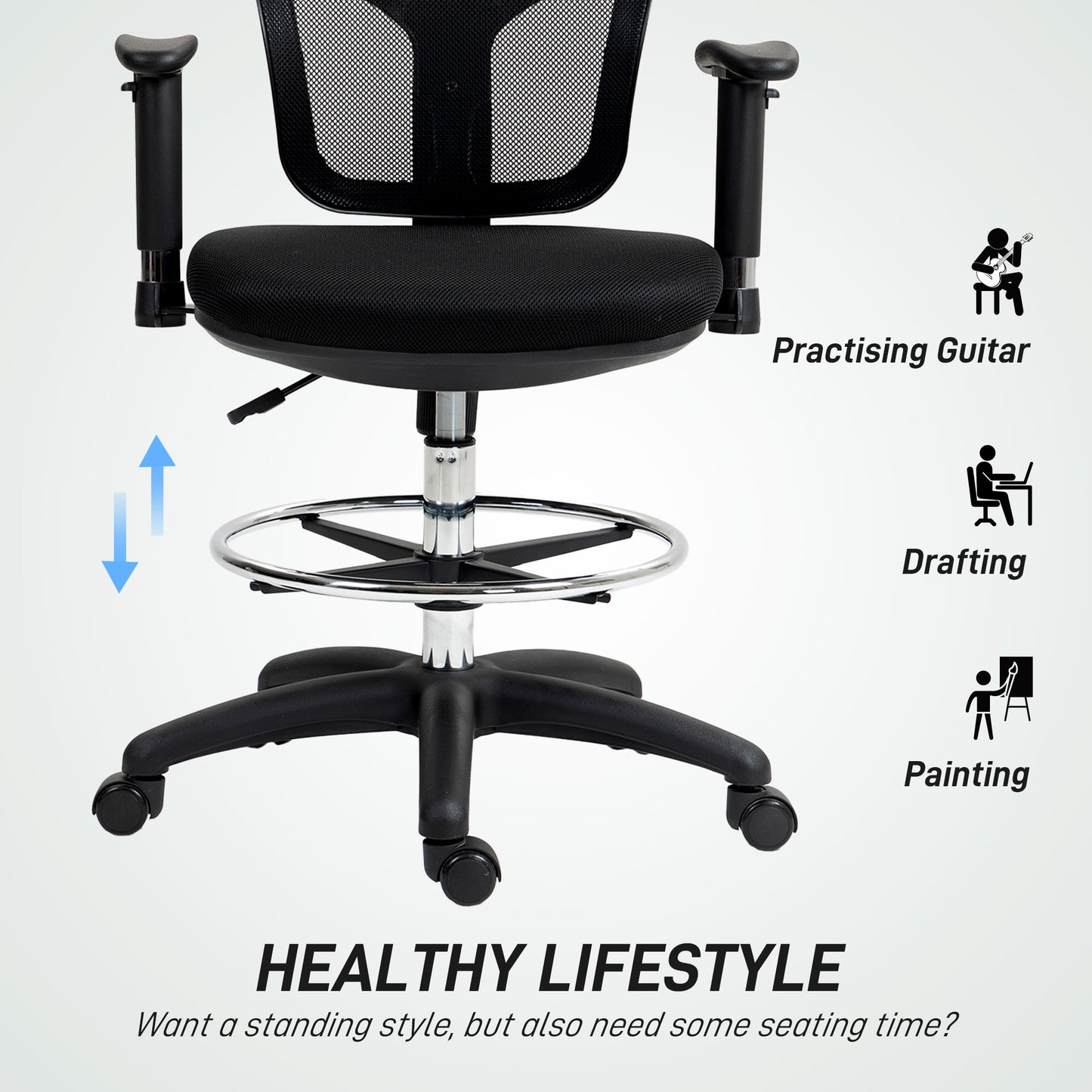 Drafting Stool Chair with Adjustable Armrest for Standing Desk, Black