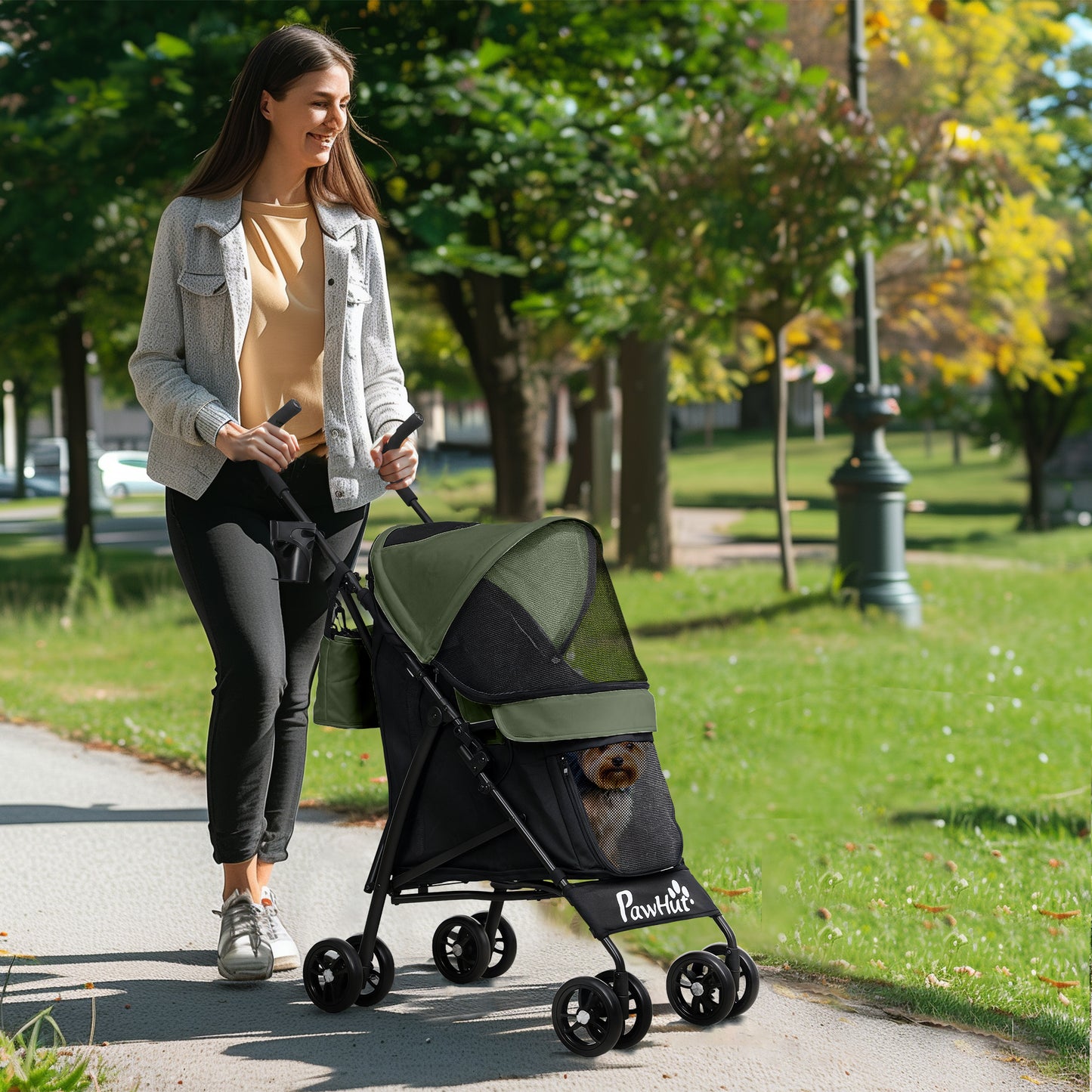 Lightweight Foldable Dog Stroller for Mini Dogs, Dark Green