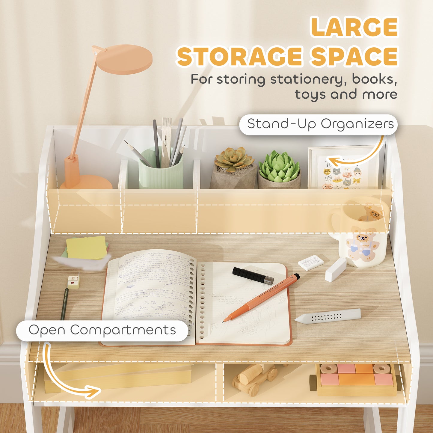 Kids Desk and Chair Set, Children Study Table with Storage, Natural