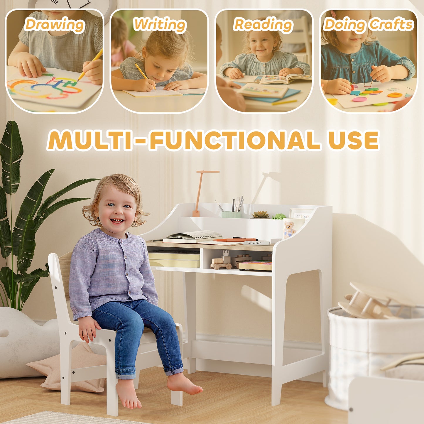 Kids Desk and Chair Set, Children Study Table with Storage, Natural