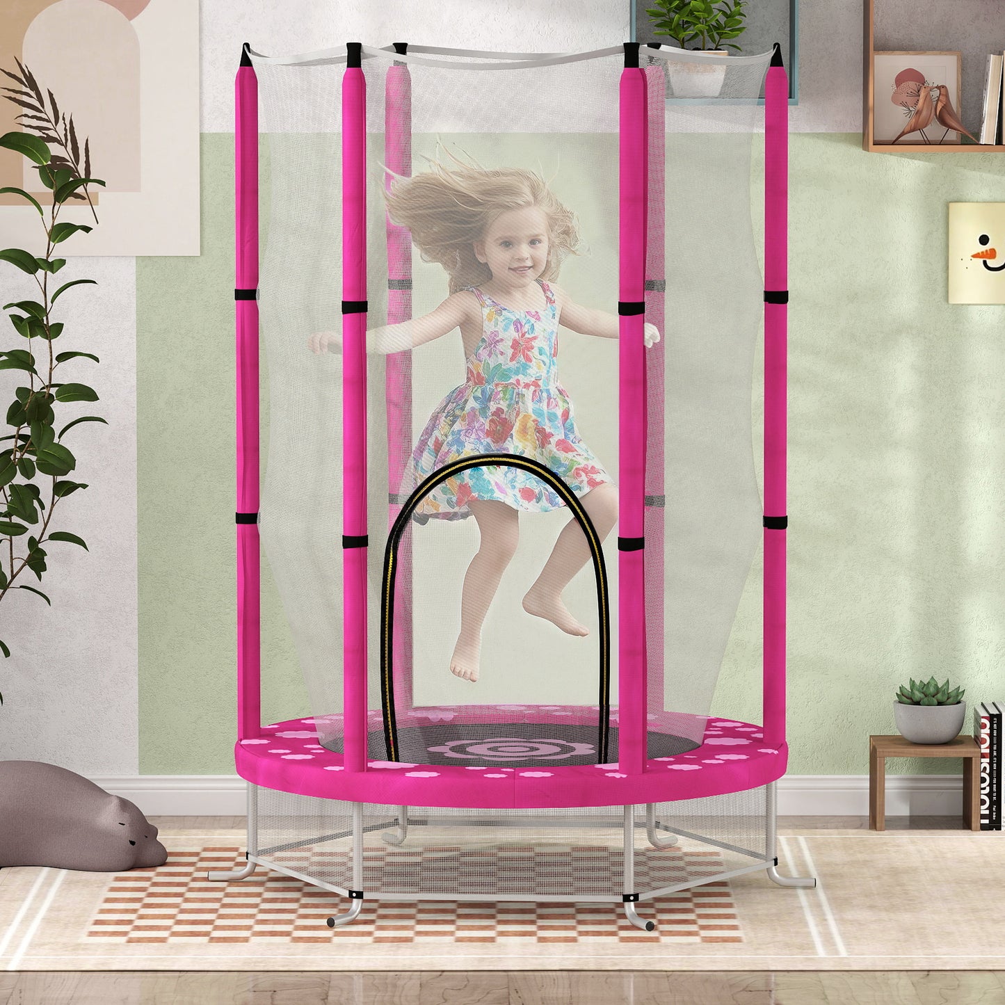 4.6FT Kids Trampoline with Safety Enclosure Net - Pink