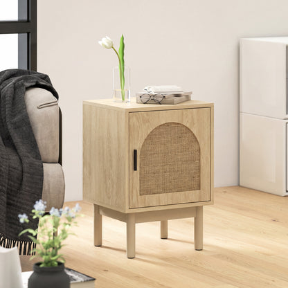 Rattan Bedside Table, Boho Bedside Cabinet with Adjustable Shelf and Solid Wood Legs, Side Table for Living Room, Bedroom, Natural Wood