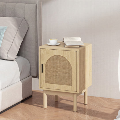 Rattan Bedside Table, Boho Bedside Cabinet with Adjustable Shelf and Solid Wood Legs, Side Table for Living Room, Bedroom, Natural Wood