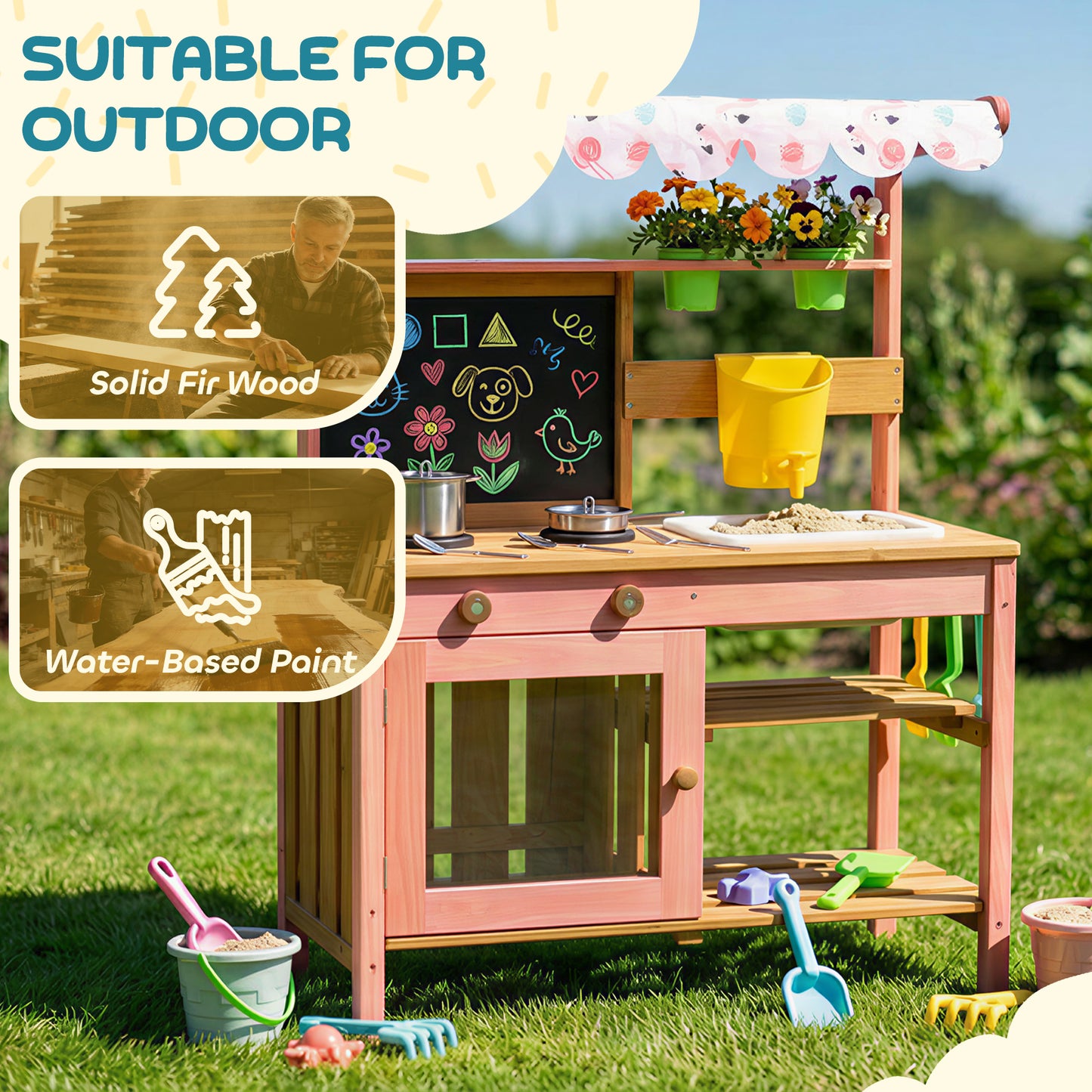 Wooden Kids Mud Kitchen with Canopy, Planter Box, Pink