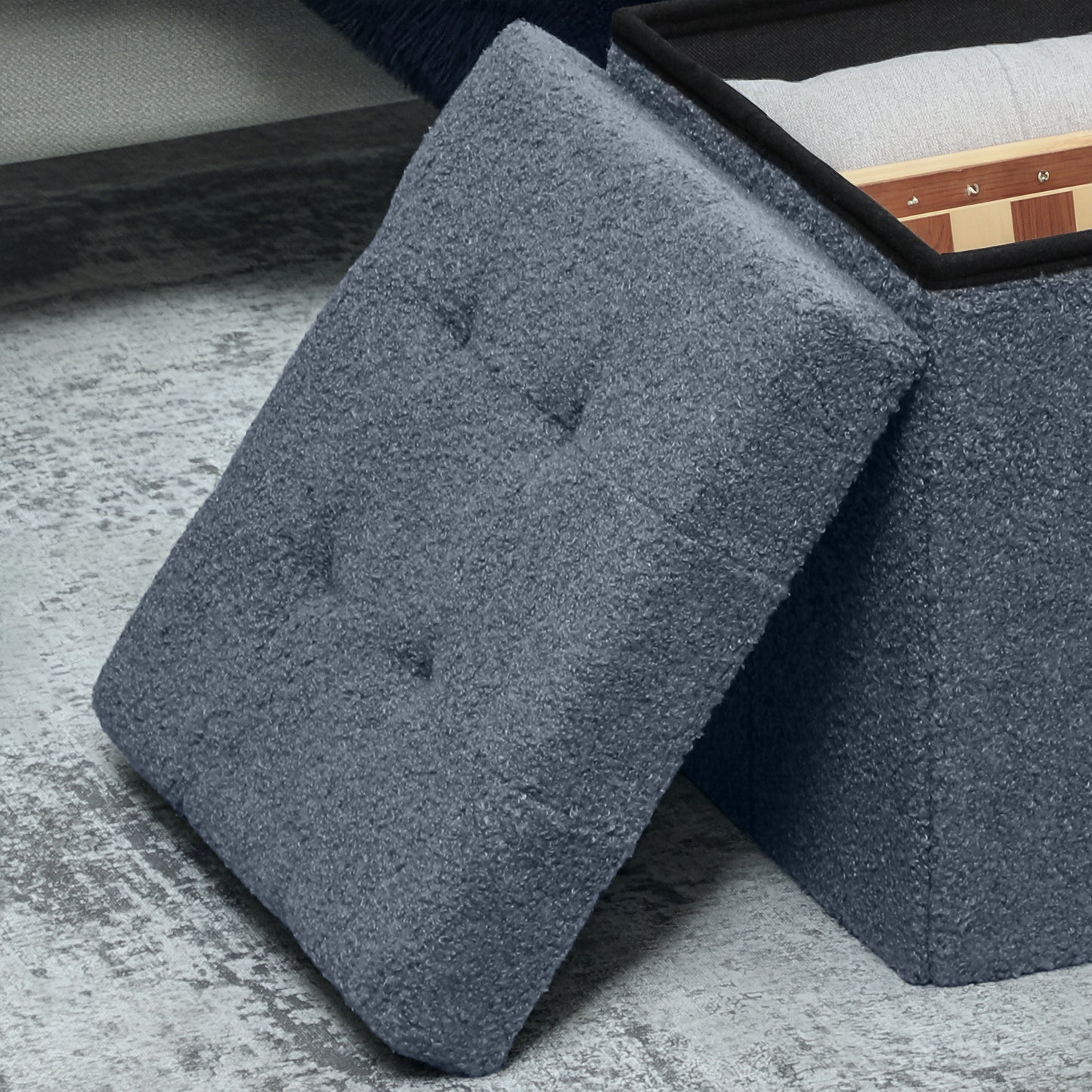 Foldable Sherpa Fleece Storage Ottoman, 38 x 38 x 38 cm, Blue