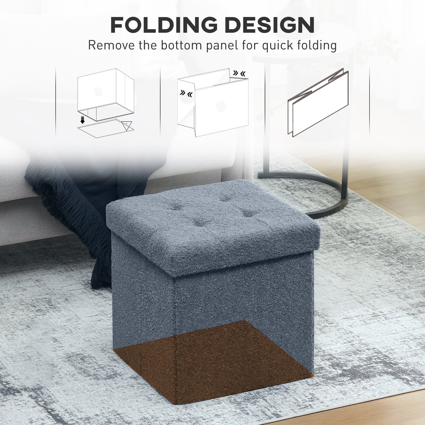 Foldable Sherpa Fleece Storage Ottoman, 38 x 38 x 38 cm, Blue