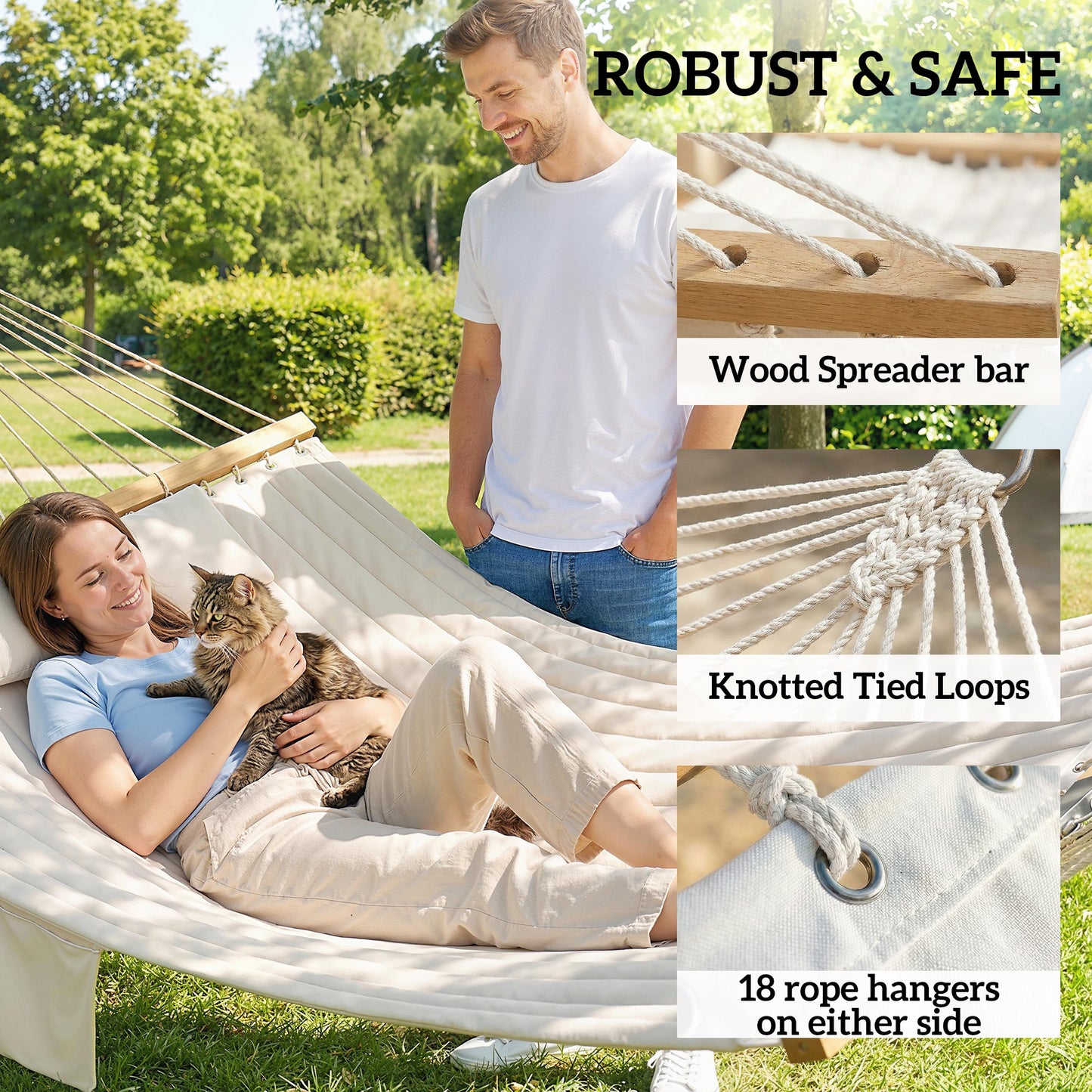 Double Hammock 2-Person Padded Swing Bed Cream White