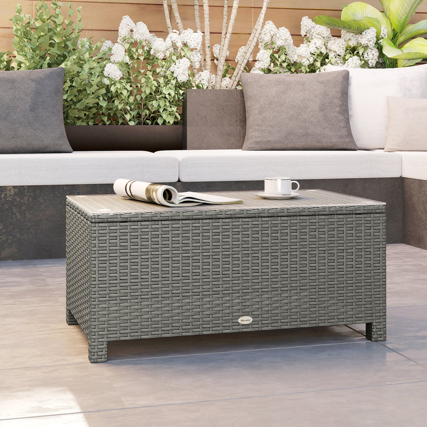 Garden Rattan Side Table, Wicker Coffee Desk, Glass Top, Light Grey