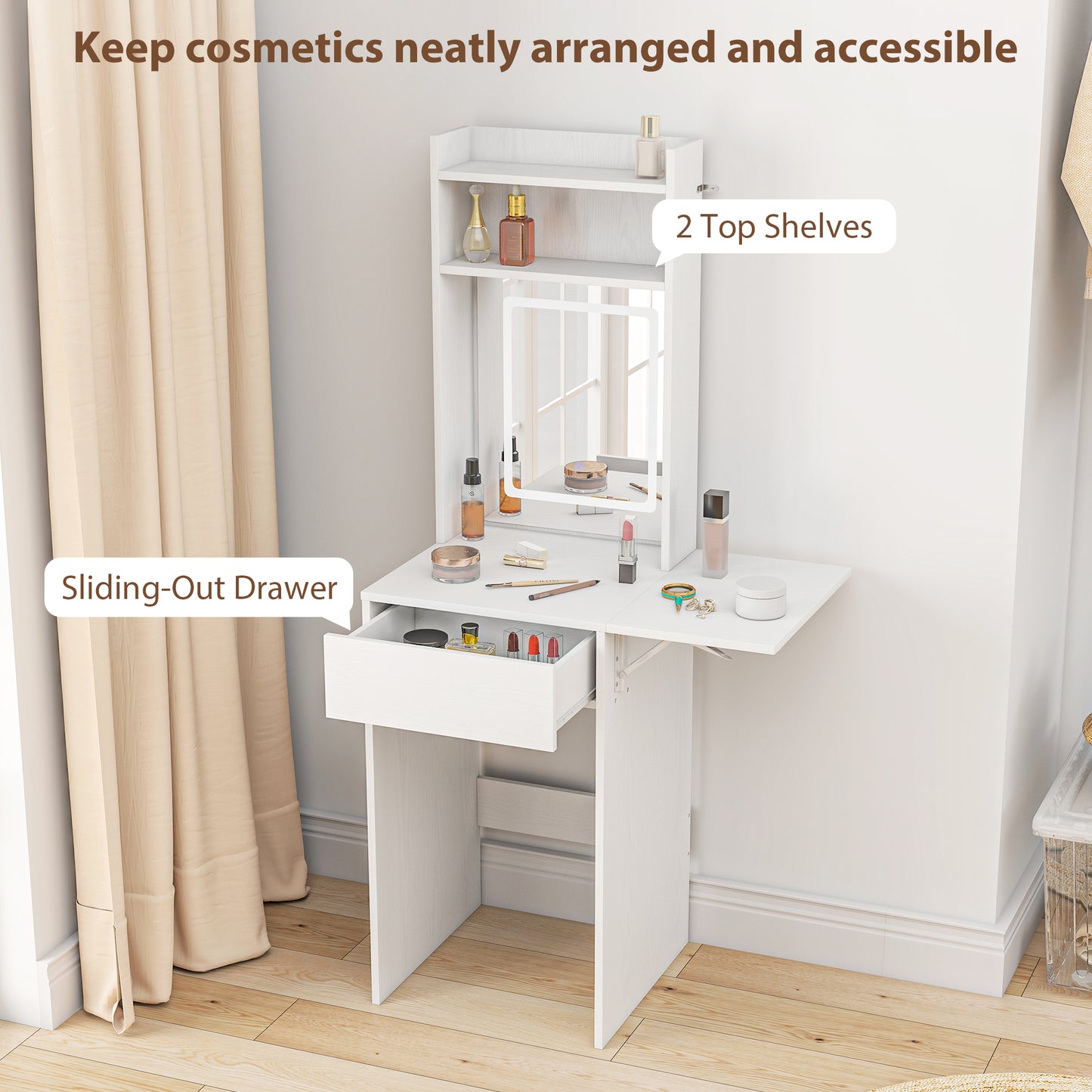 Compact Dressing Table with Lighted Mirror Open Shelves Drawer White