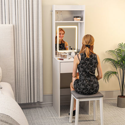 Compact Dressing Table with Lighted Mirror Open Shelves Drawer White