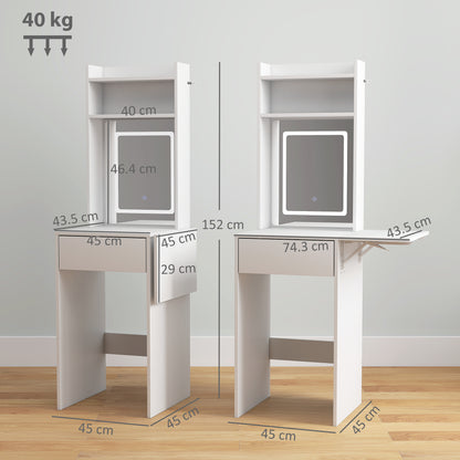 Compact Dressing Table with Lighted Mirror Open Shelves Drawer White