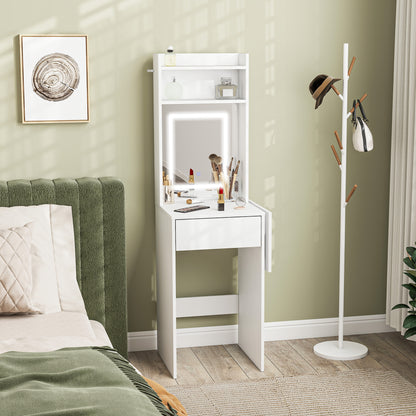 Compact Dressing Table with Lighted Mirror Open Shelves Drawer White