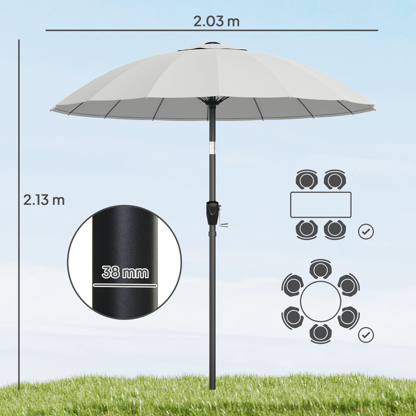 2m Shanghai Garden Parasol Umbrella, Outdoor Sun Shade, Light Grey