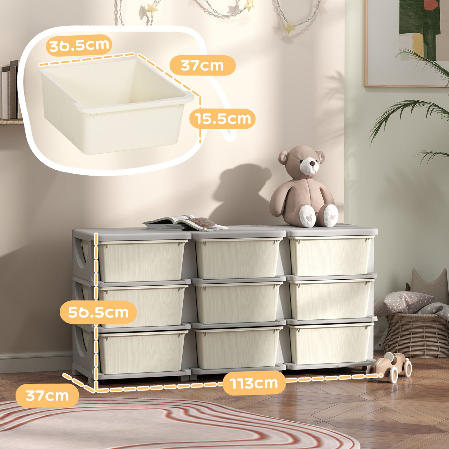 Kids Storage Units with Drawers 3 Tier Chest Dresser Tower Cream