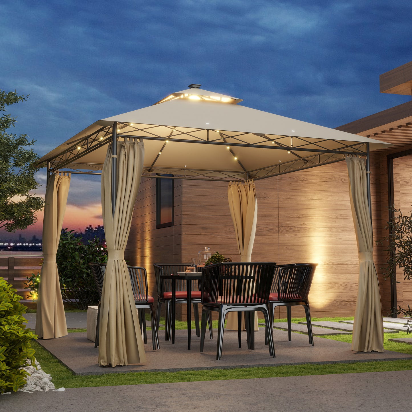 3 x 3 m Double Roof Outdoor Gazebo with Curtains, Beige