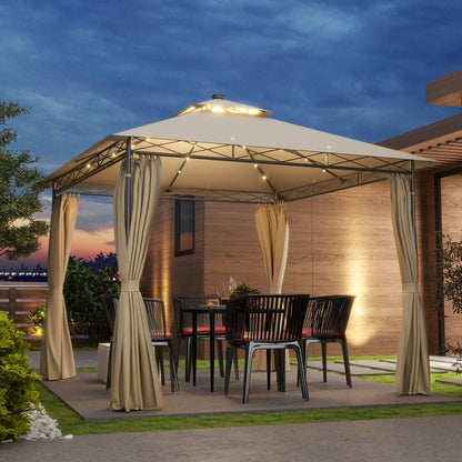 3 x 3 m Double Roof Outdoor Gazebo with Curtains, Beige