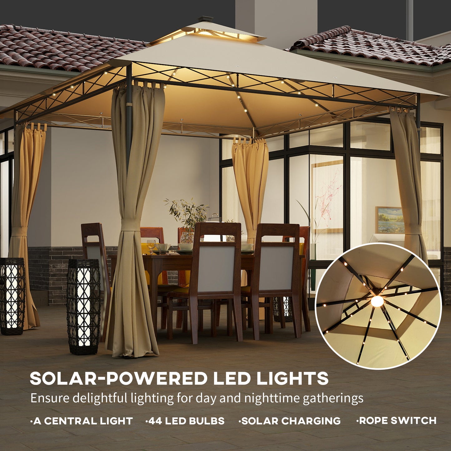 3 x 3 m Double Roof Outdoor Gazebo with Curtains, Beige