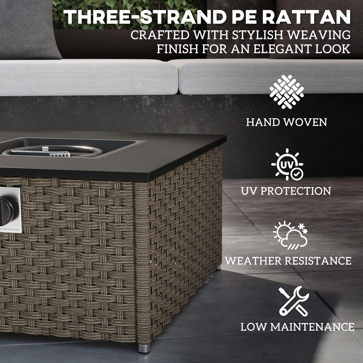 13 KW Rattan Gas Fire Pit Table, Propane Fire Pit for Garden, Grey