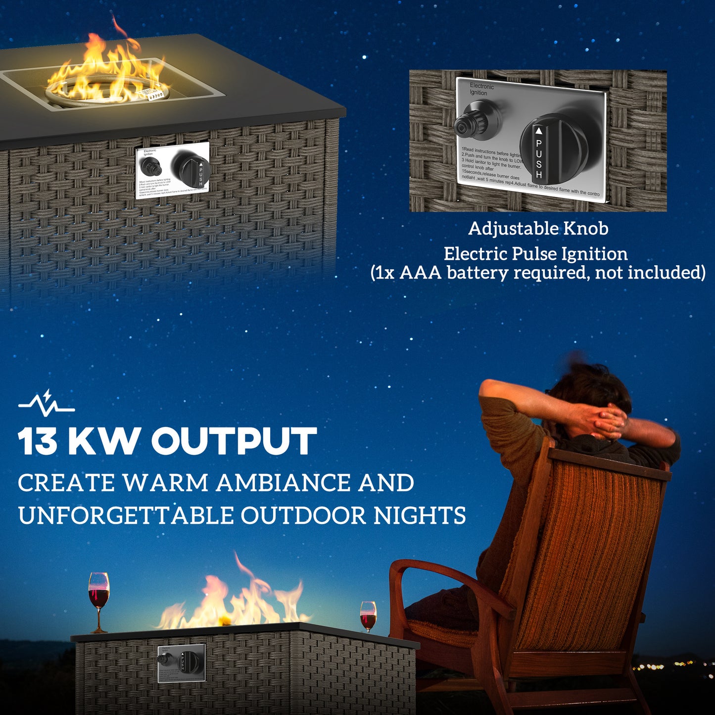 13 KW Rattan Gas Fire Pit Table, Propane Fire Pit for Garden, Grey