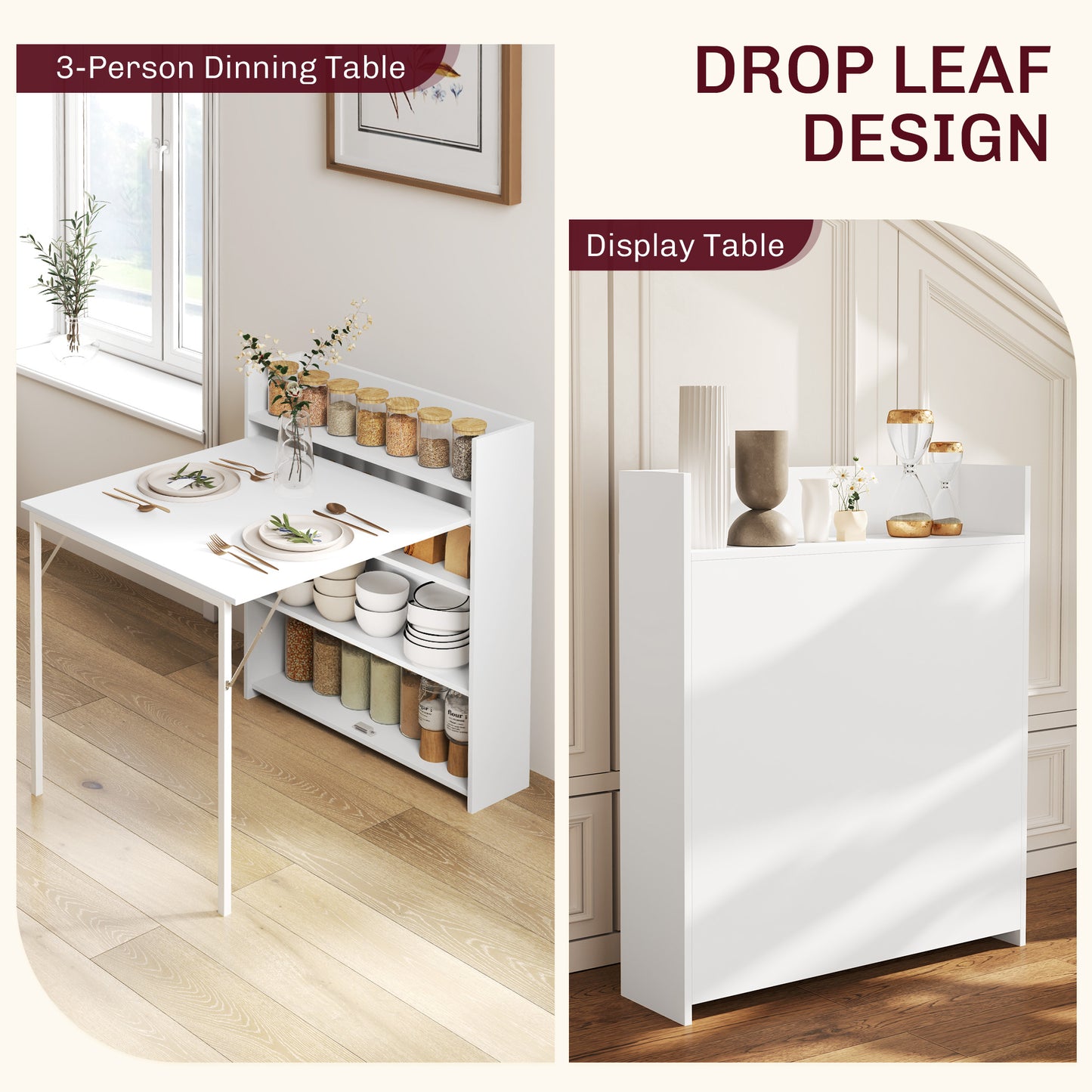Folding Dining Table, Kitchen Table for 3 People with 4-Tier Shelves, Modern Drop-Leaf Table for Small Spaces, White