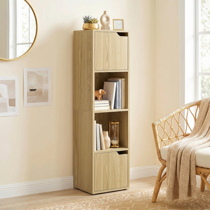 Bookcase with 2 Cabinets and Doors, 4-Tier Bookshelf, Storage Cabinet with Open Shelves and Anti-Tipping Design, for Living Room, Bedroom, Home Office, Oak