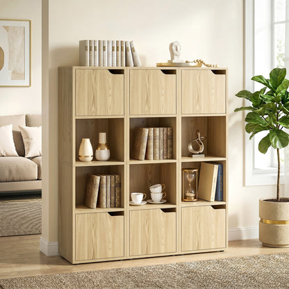 Bookcase with 2 Cabinets and Doors, 4-Tier Bookshelf, Storage Cabinet with Open Shelves and Anti-Tipping Design, for Living Room, Bedroom, Home Office, Oak