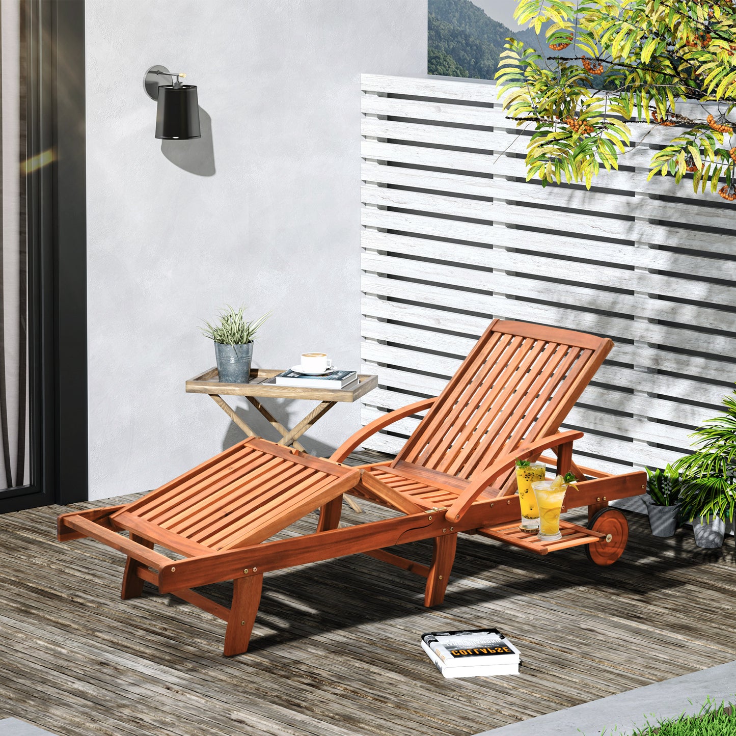 Wood Sun Lounger Chaise Bed Back Footrest Patio Furniture w/ Wheels