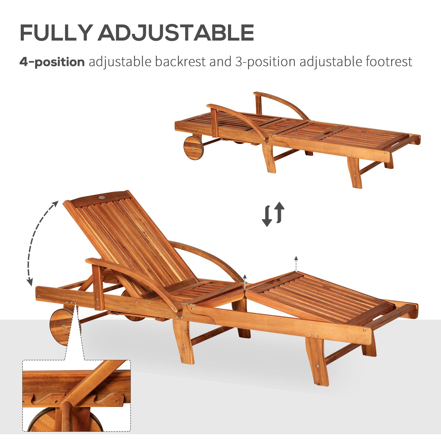 Wood Sun Lounger Chaise Bed Back Footrest Patio Furniture w/ Wheels