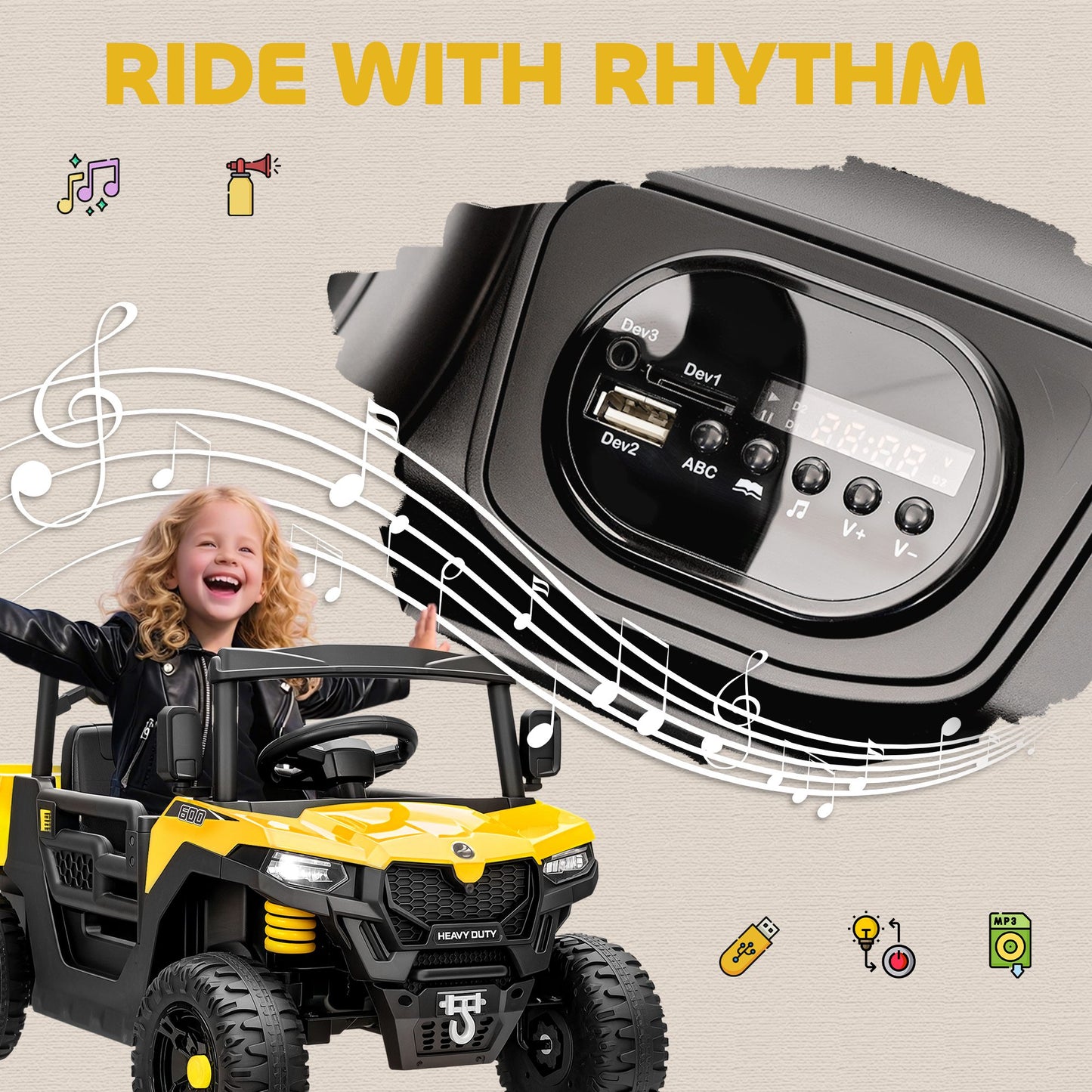 12V Kids Ride on Car, Kids UTV with Electric Dump Bed, Yellow