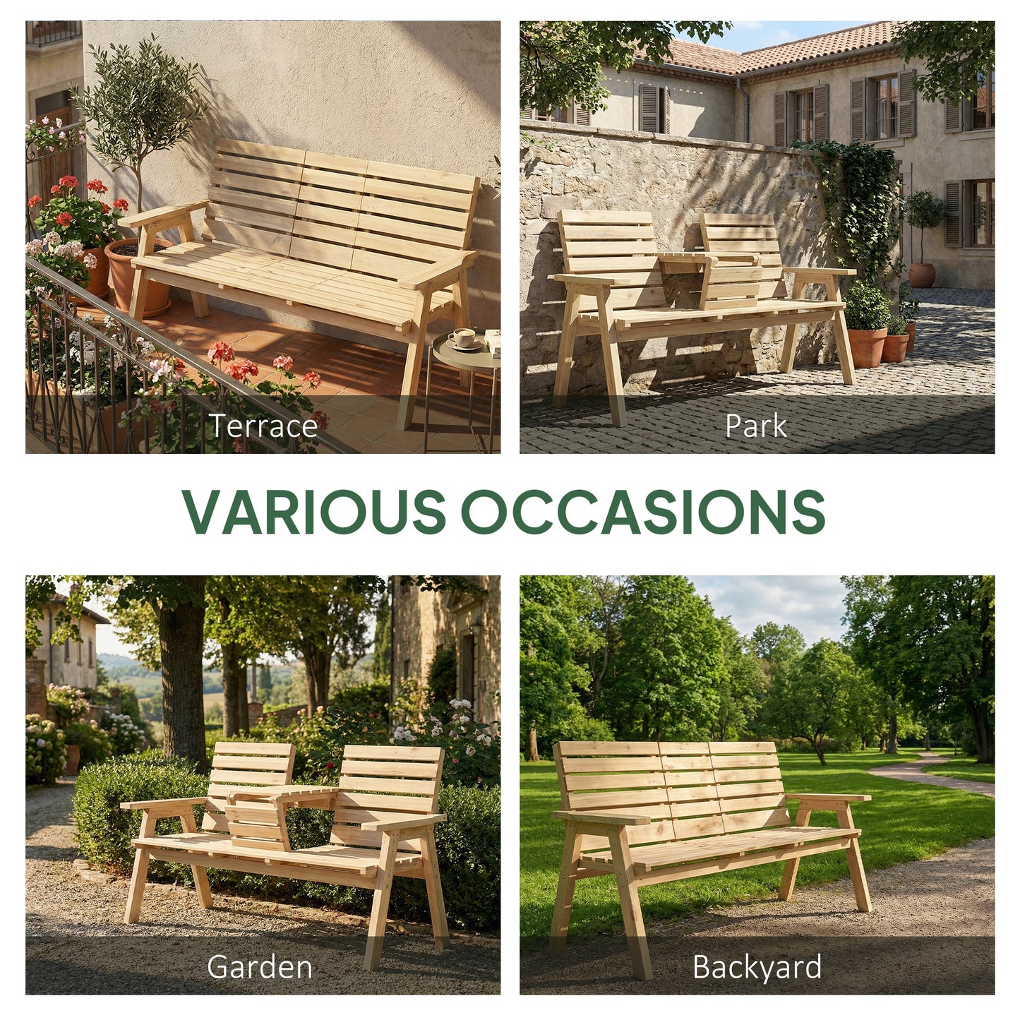 Convertable 3-Seater Wood Bench Table Garden w/ Armrests Natural
