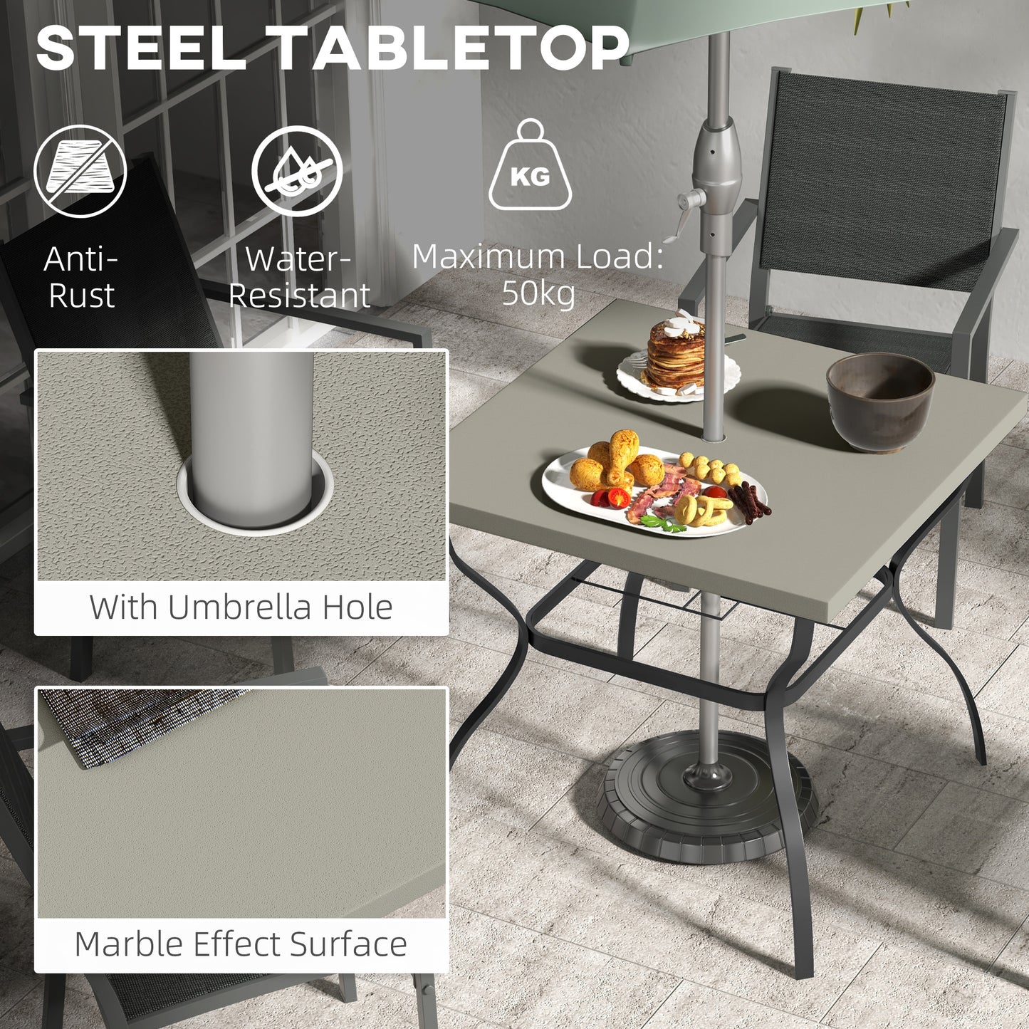 Garden Dining Table w/ Umbrella Hole, Dining Table for 4, Grey