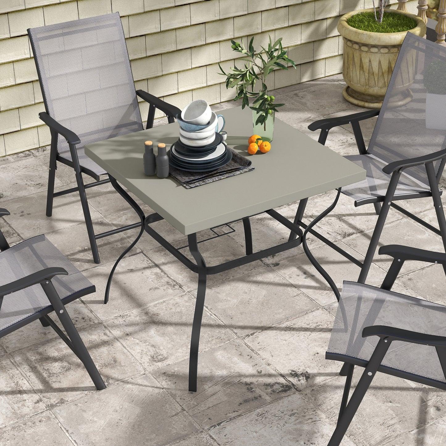 Garden Dining Table w/ Umbrella Hole, Dining Table for 4, Grey