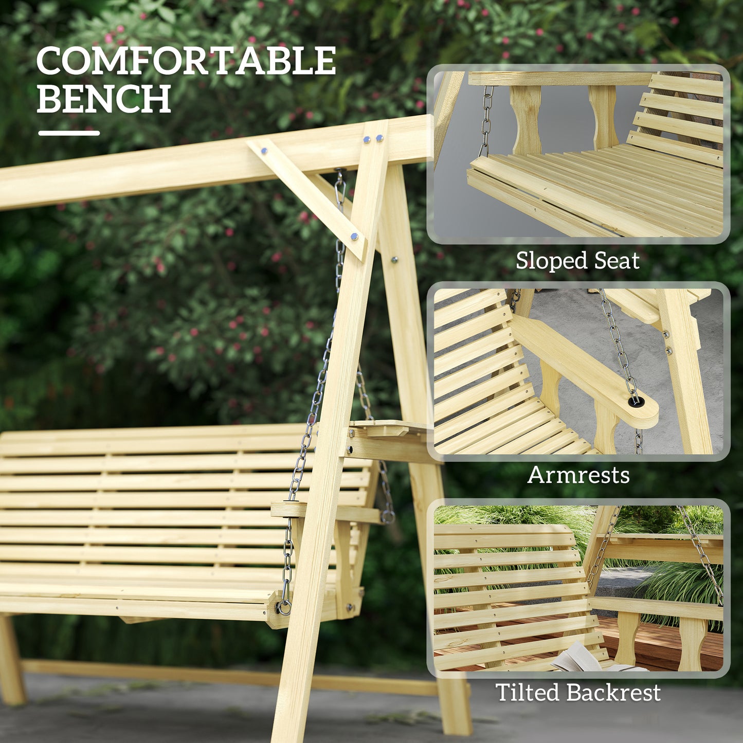 3 Seater Wooden Garden Swing Chair with Side Tables