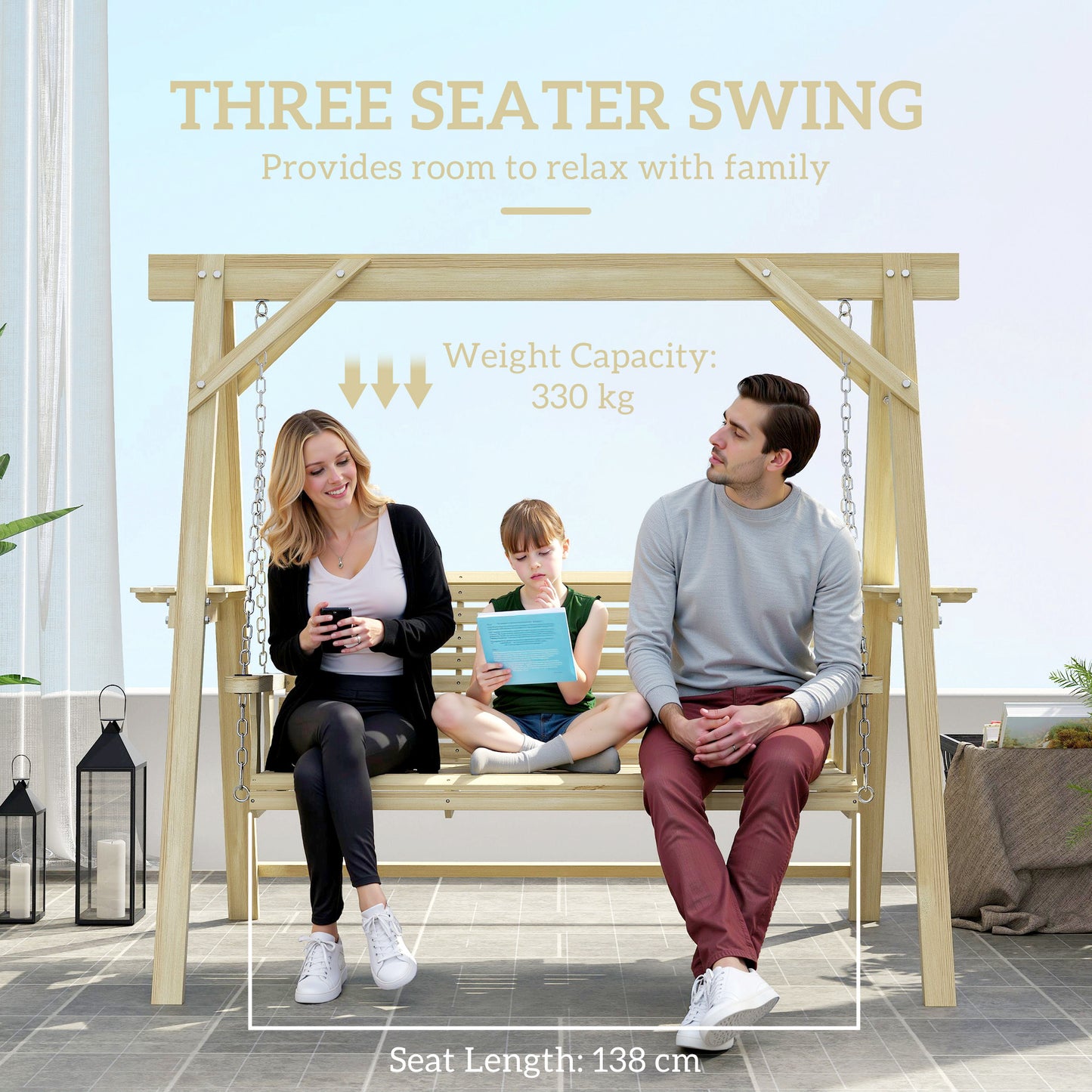 3 Seater Wooden Garden Swing Chair with Side Tables