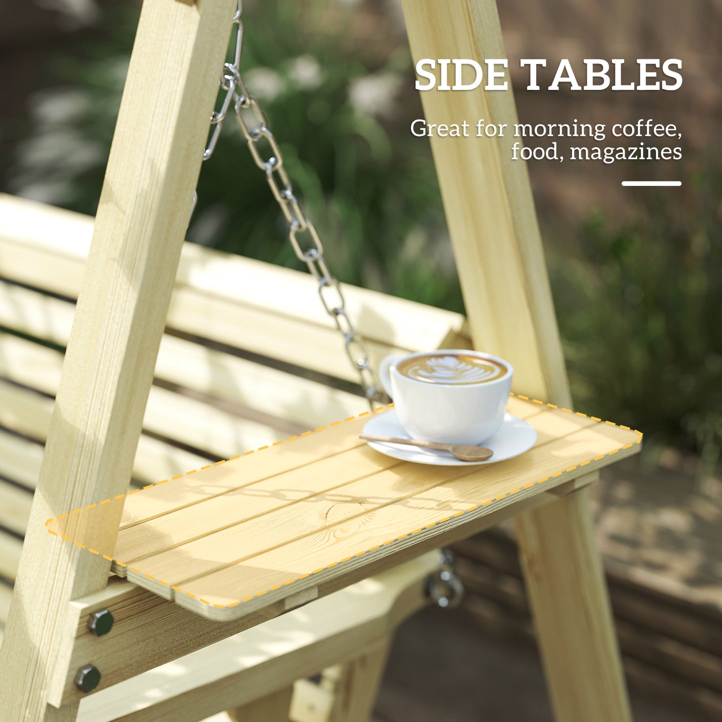 3 Seater Wooden Garden Swing Chair with Side Tables