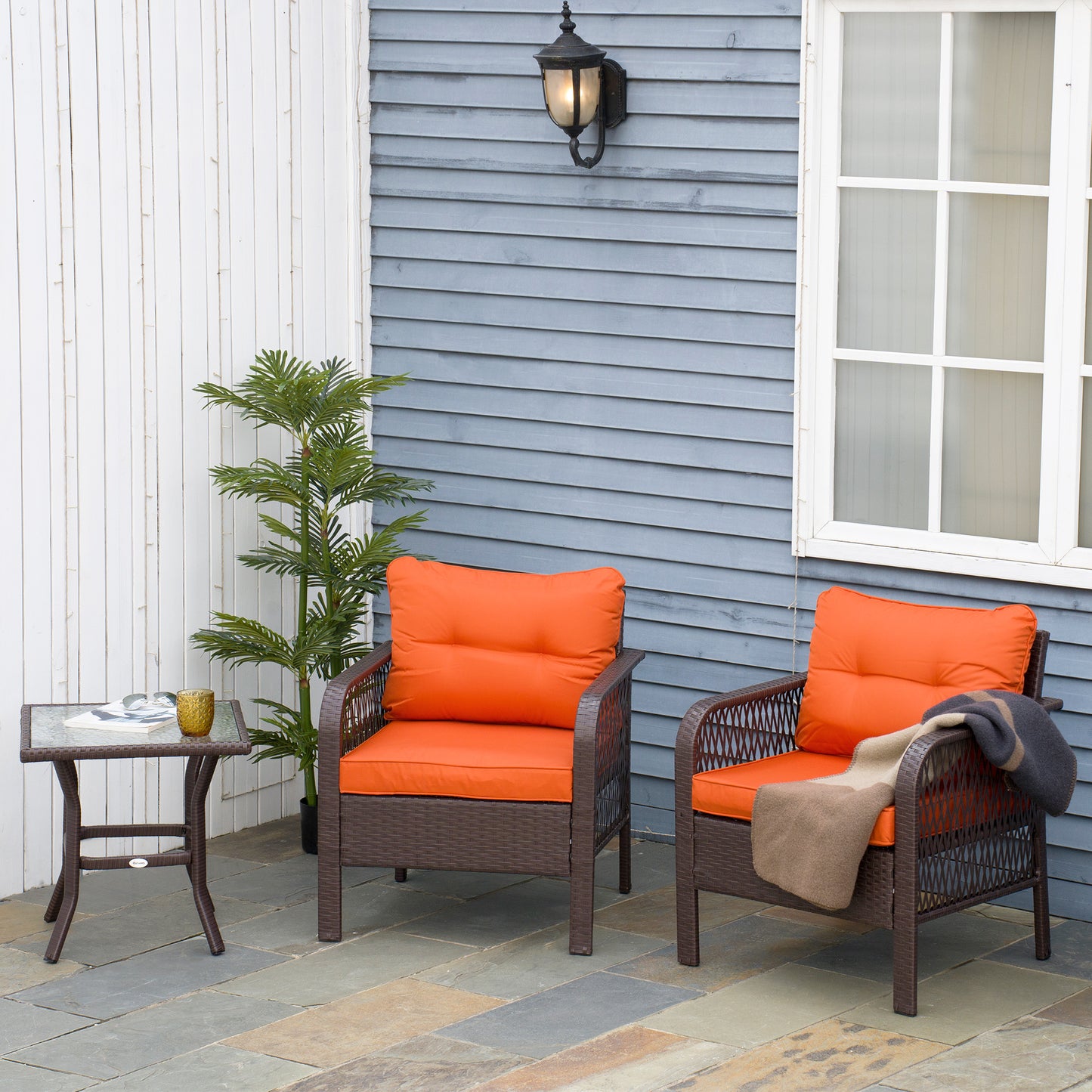 3 Pieces Rattan Bistro Set with Tempered Glass Table Orange