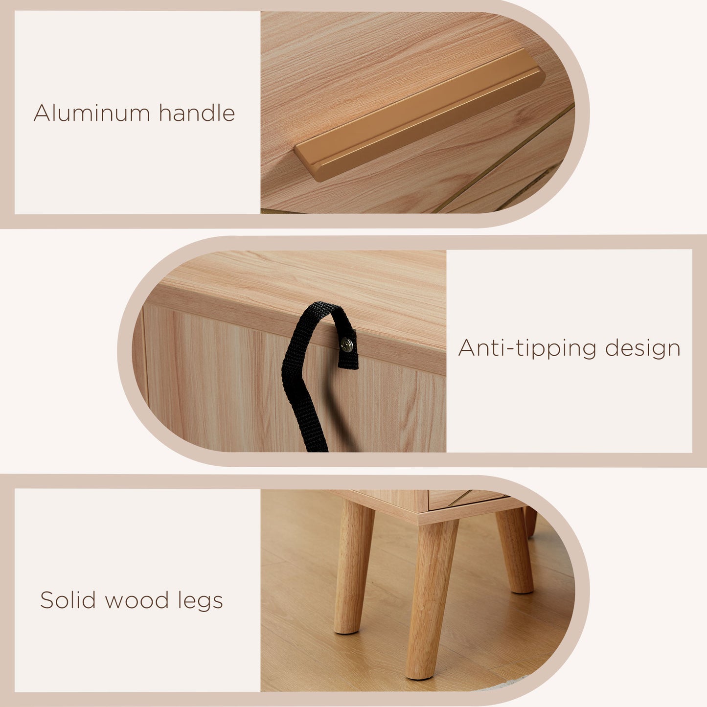 Bedside Cabinet, Nordic Bedside Table with 2 Drawers Wood Legs, Natural