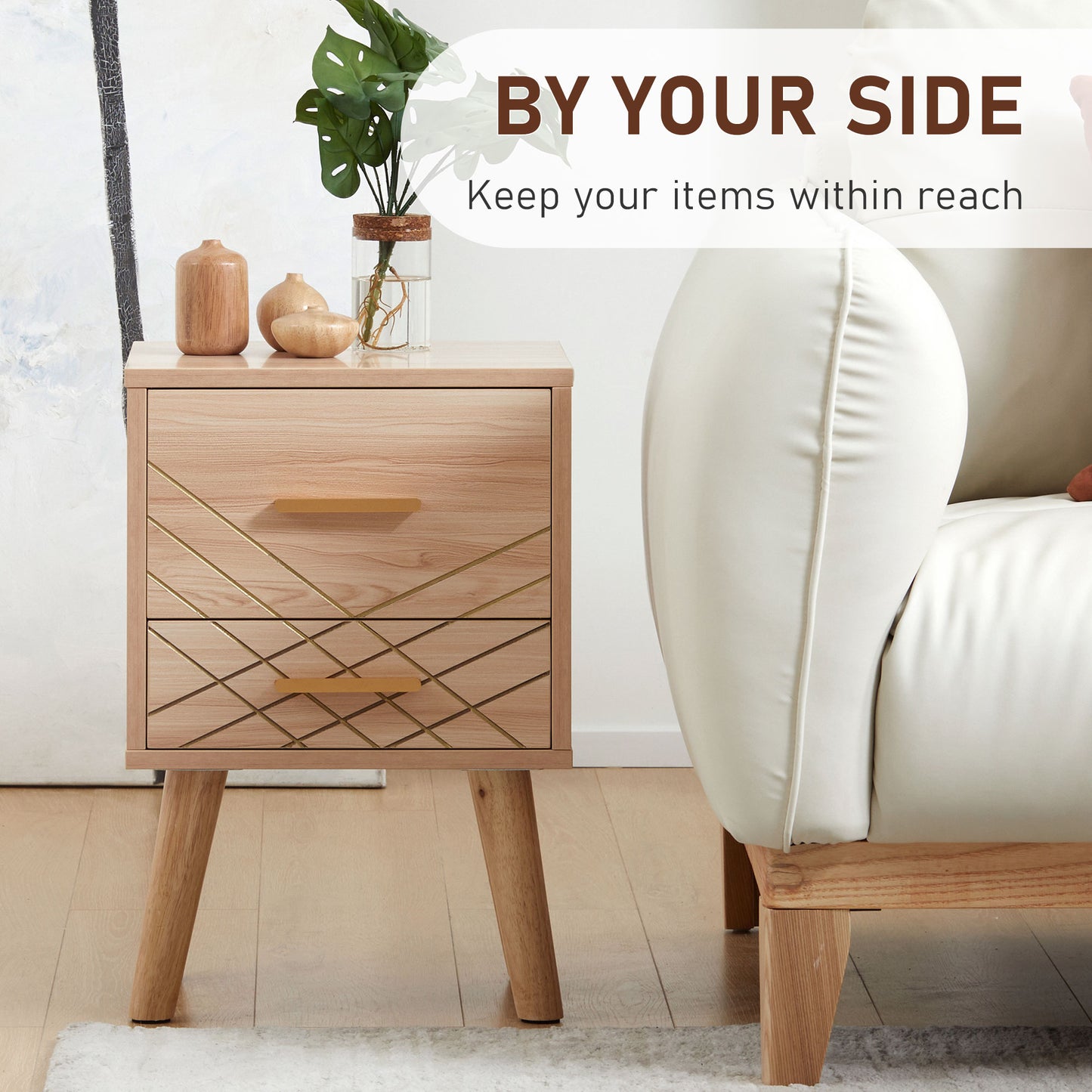 Bedside Cabinet, Nordic Bedside Table with 2 Drawers Wood Legs, Natural