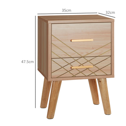 Bedside Cabinet, Nordic Bedside Table with 2 Drawers Wood Legs, Natural