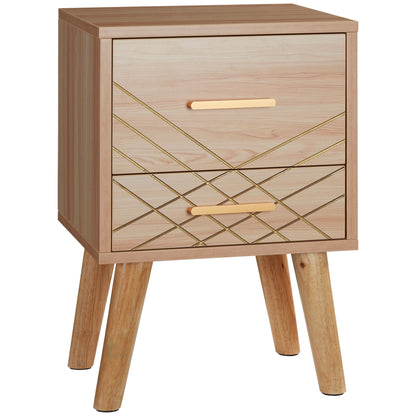 Bedside Cabinet, Nordic Bedside Table with 2 Drawers Wood Legs, Natural