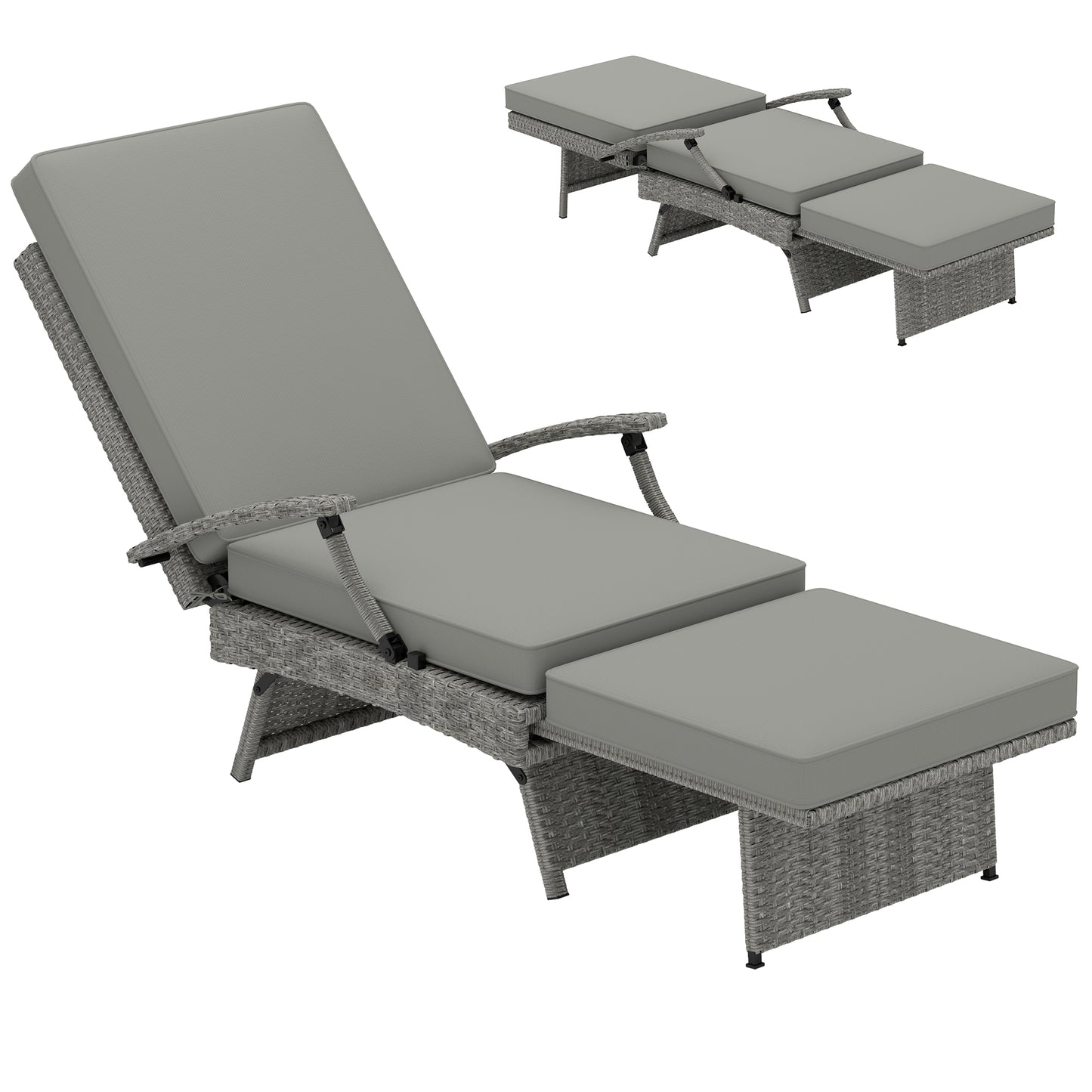 Foldable Rattan Garden Recliner Chair w/ Cushion, Footrest, Grey