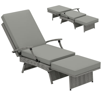 Foldable Rattan Garden Recliner Chair w/ Cushion, Footrest, Grey