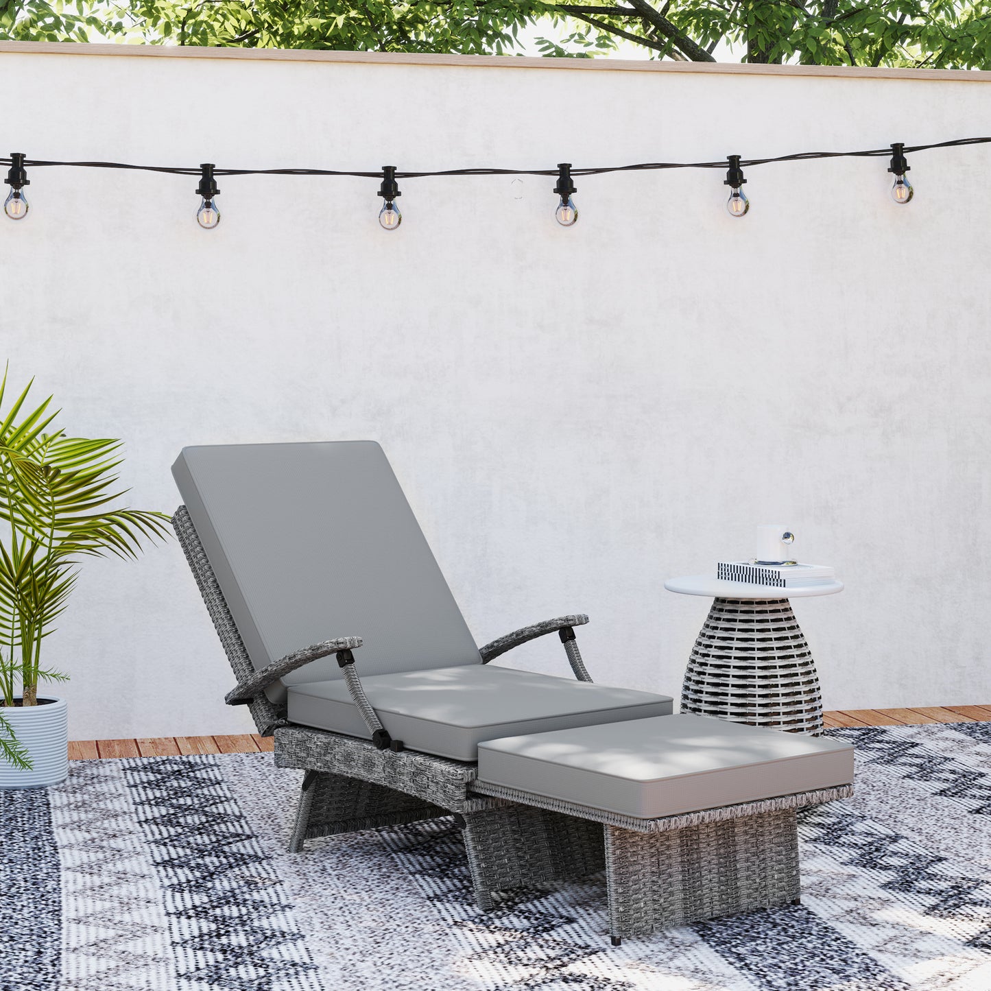 Foldable Rattan Garden Recliner Chair w/ Cushion, Footrest, Grey