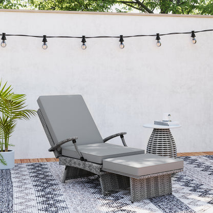 Foldable Rattan Garden Recliner Chair w/ Cushion, Footrest, Grey