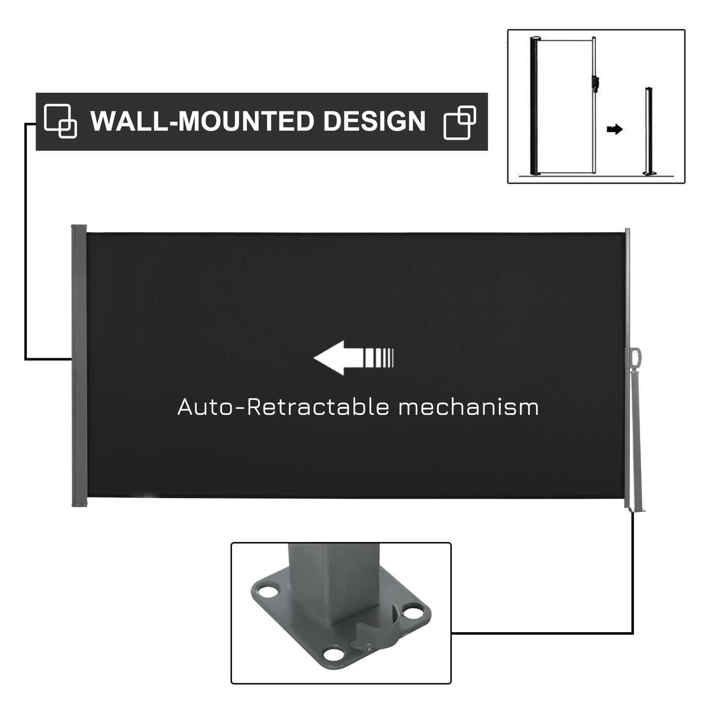 Retractable Side Awning Screen Fence Patio Garden Wall Balcony Screening Panel Outdoor Blind Privacy Divider (3x1.6M, Black)