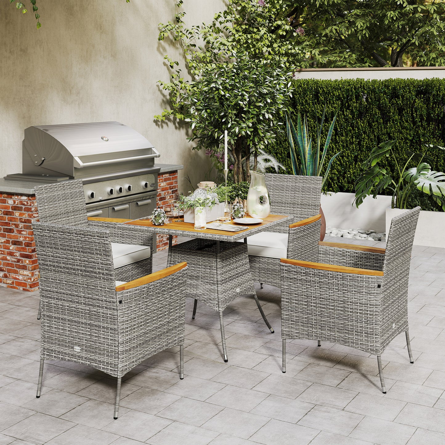 Rattan Dining Set with Parasol Hole, Garden Table and Chairs, Teak