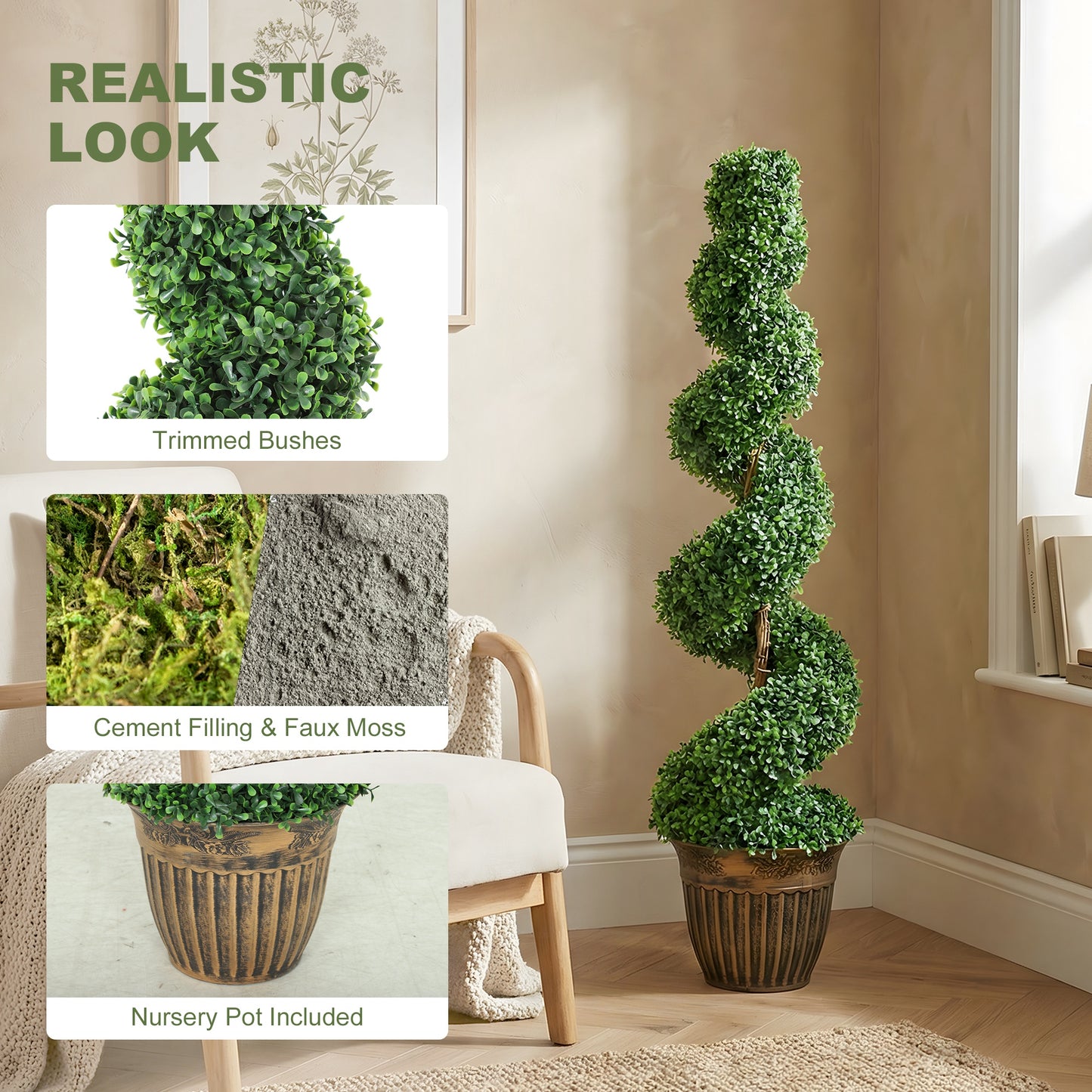Set of 2 Potted Artificial Plants, Topiary Spiral Boxwood Trees